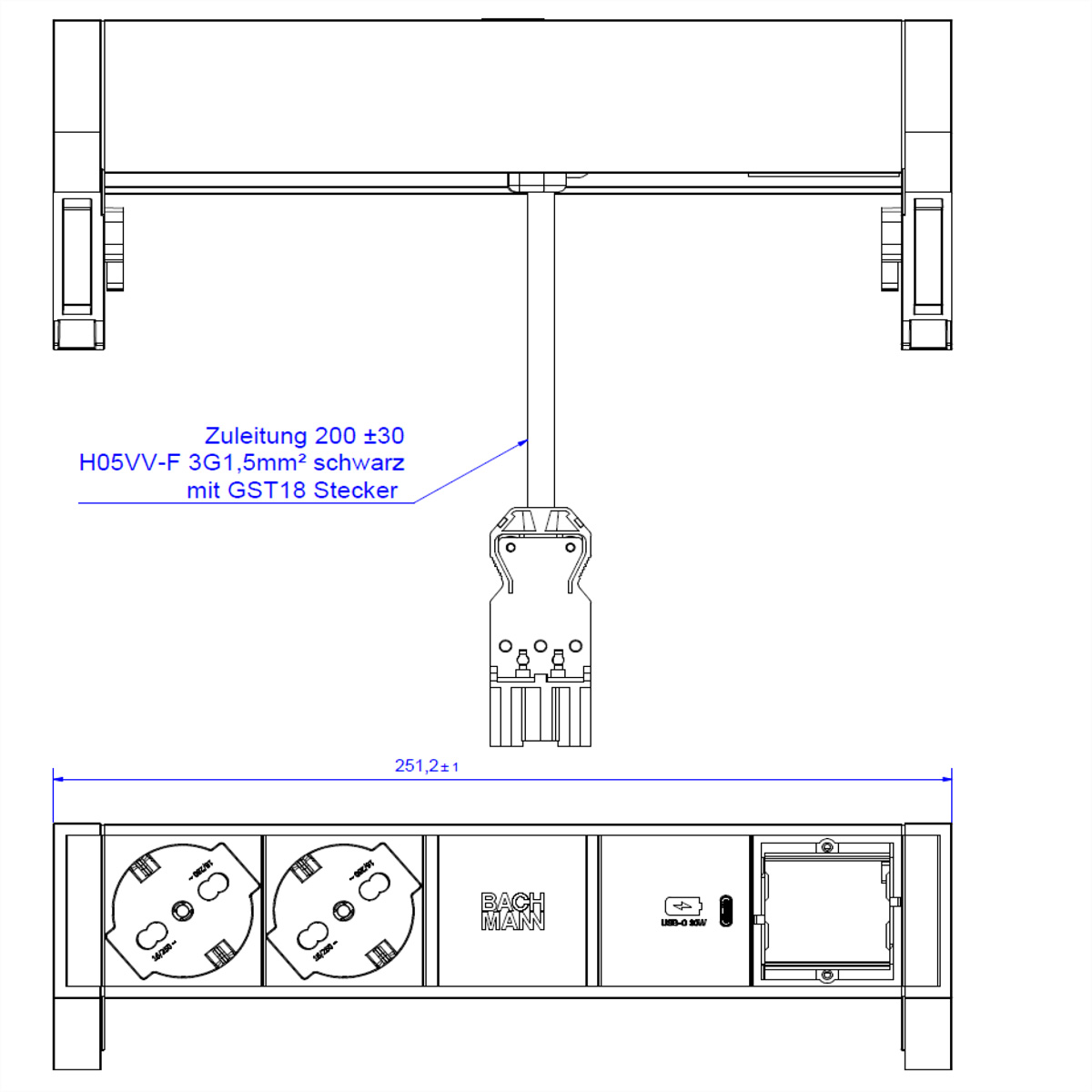 BACHMANN DESK2 2xP40 1xUSB C 30W 1xCM, 0,2m GST18 RAL9010 Italia Aufbau-Anschlussfelder DESK2
