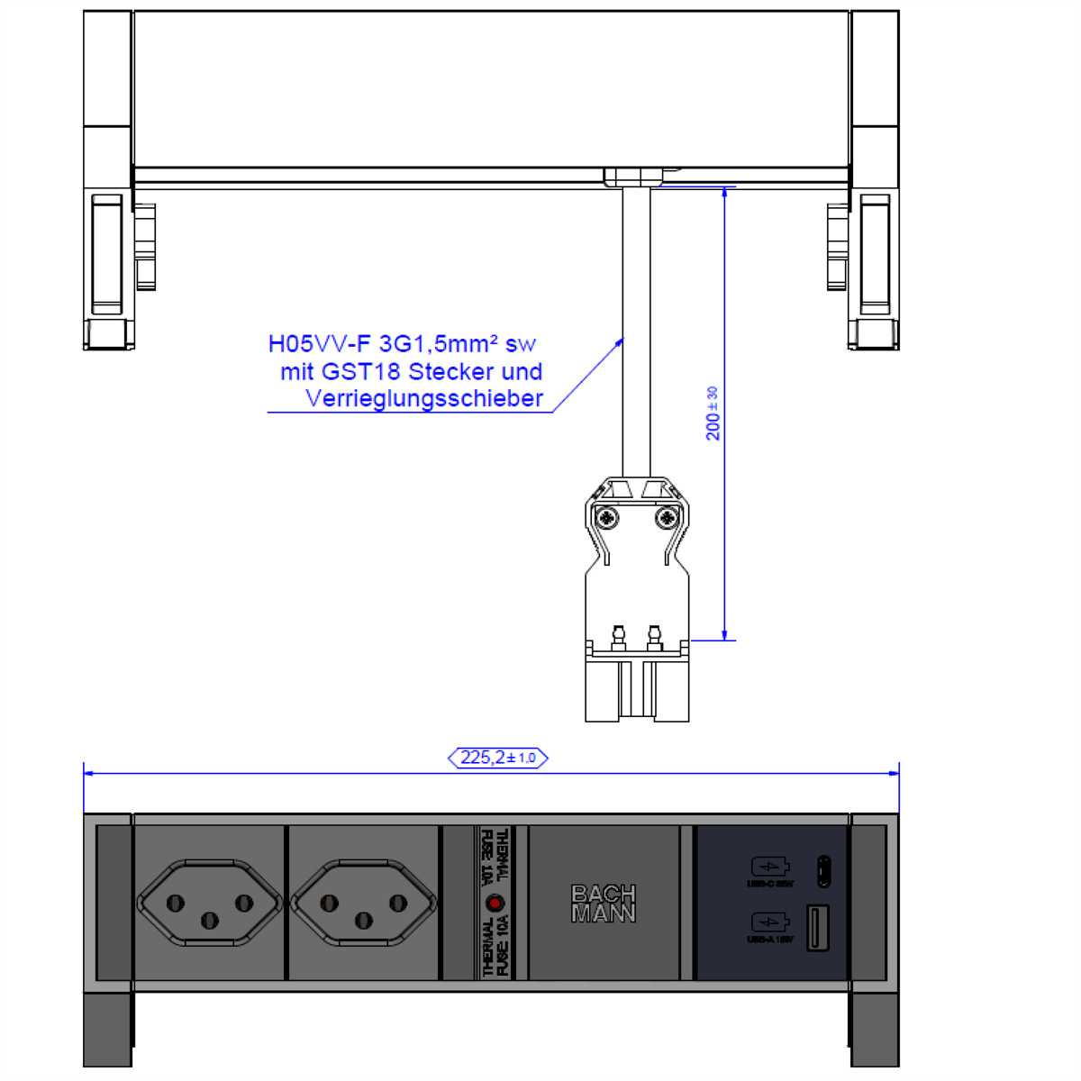 BACHMANN DESK2 2xCH 90° 1xUSB A/C 22W, 0,2m GST18 RAL9005 Schweiz