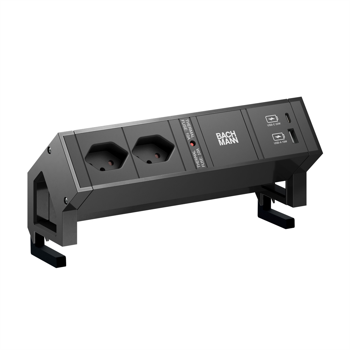BACHMANN DESK2 2xCH 90° 1xUSB A/C 22W, 0,2m GST18 RAL9005 Schweiz Aufbau-Anschlussfelder DESK2