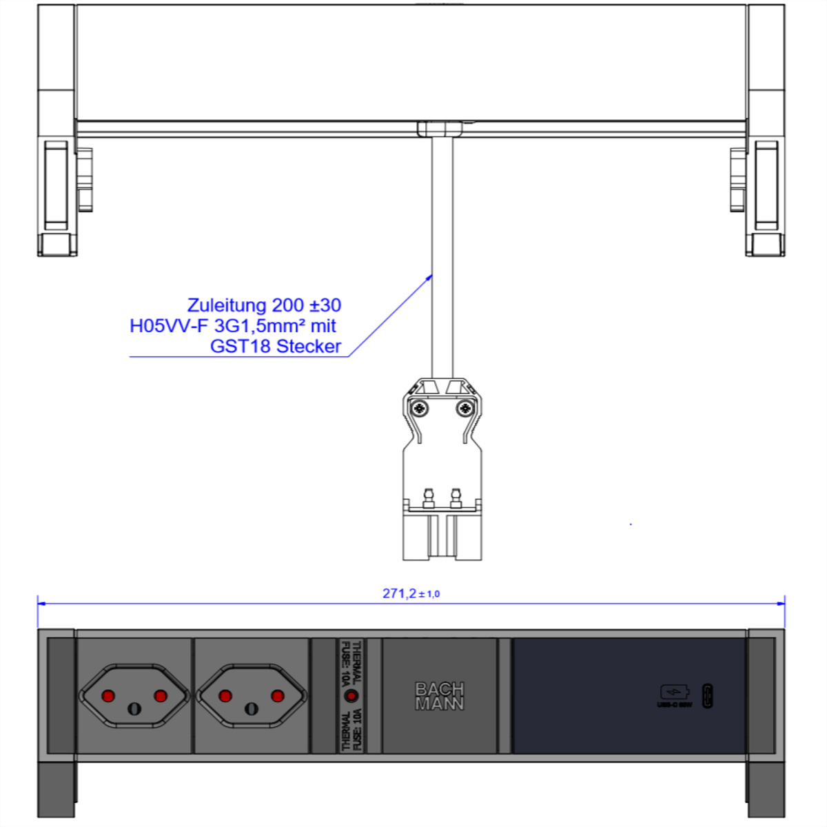 BACHMANN DESK2 2xCH 1xUSB C 60W 0,2m, GST18 RAL9005 Schweiz Aufbau-Anschlussfelder DESK2