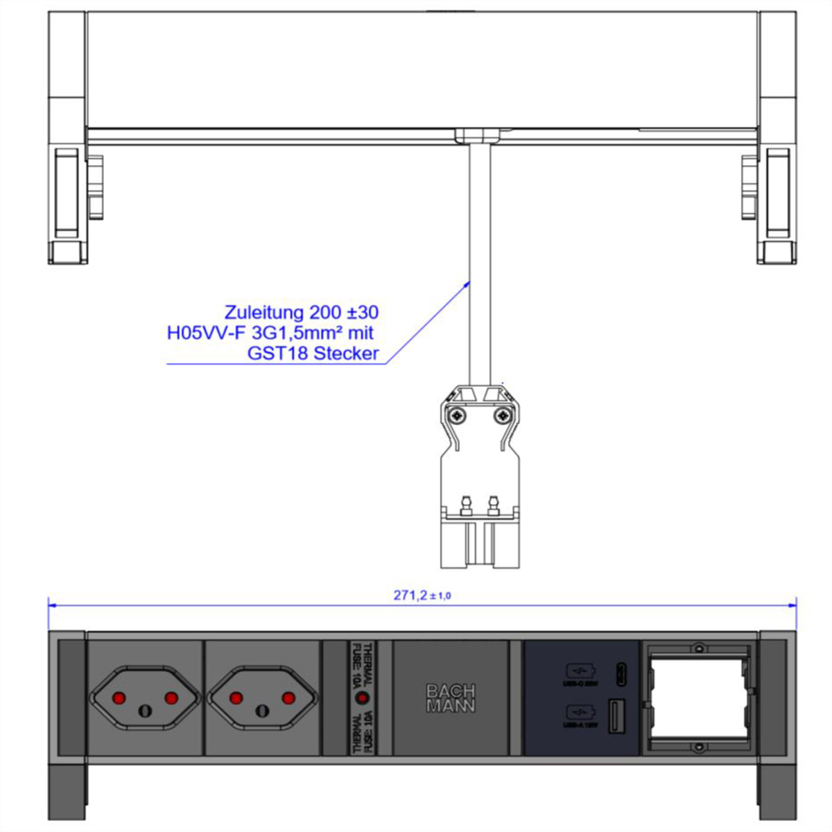 BACHMANN DESK2 2xCH 1xUSB A/C 22W 1xCM, 0,2m GST18 RAL9005 Schweiz Aufbau-Anschlussfelder DESK2
