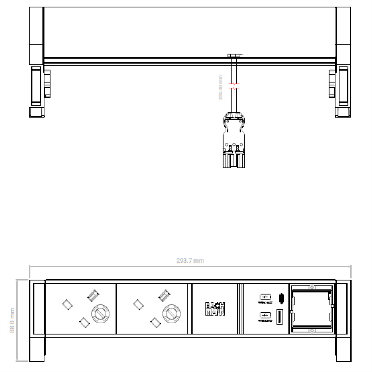BACHMANN DESK2 2xUK 1xUSB A/C 22W 1xCM, 0,2m GST18 RAL9005 United Kingdom Aufbau-Anschlussfelder DESK2