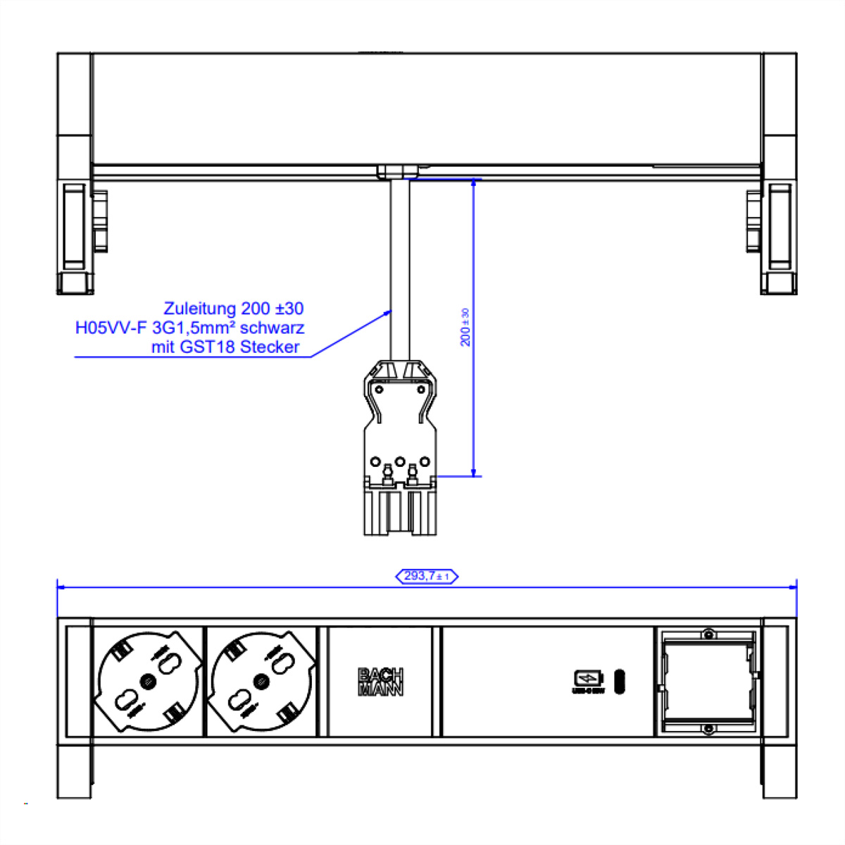 BACHMANN DESK2 2xP40 1xUSB C 60W 1xCM, 0,2m GST18 RAL9005 Italia Aufbau-Anschlussfelder DESK2