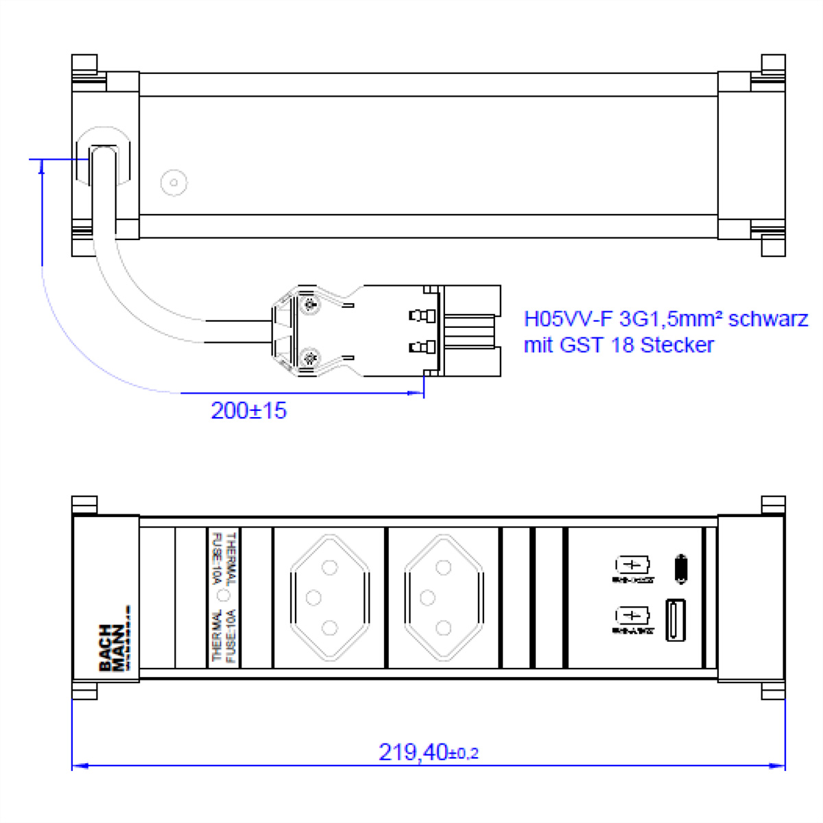 BACHMANN POWER FRAME S 2xCH, 1xUSB A&amp,C 22W 0,2m GST18 Schweiz Einbau-Anschlussfelder POWER FRAME
