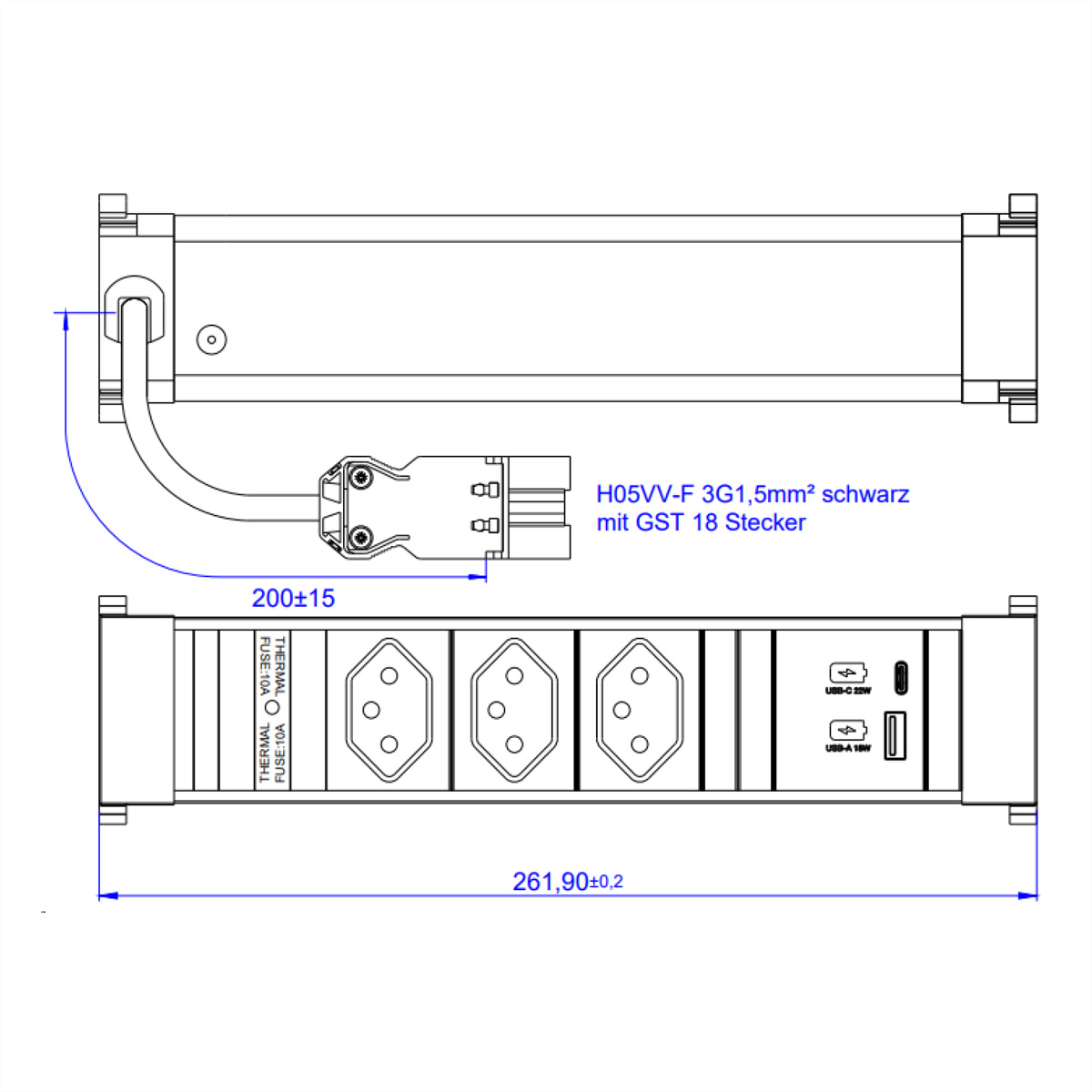 BACHMANN POWER FRAME M 3xCH, 1xUSB A&amp,C 22W Charger 0,2m GST18 Schweiz Einbau-Anschlussfelder POWER FRAME