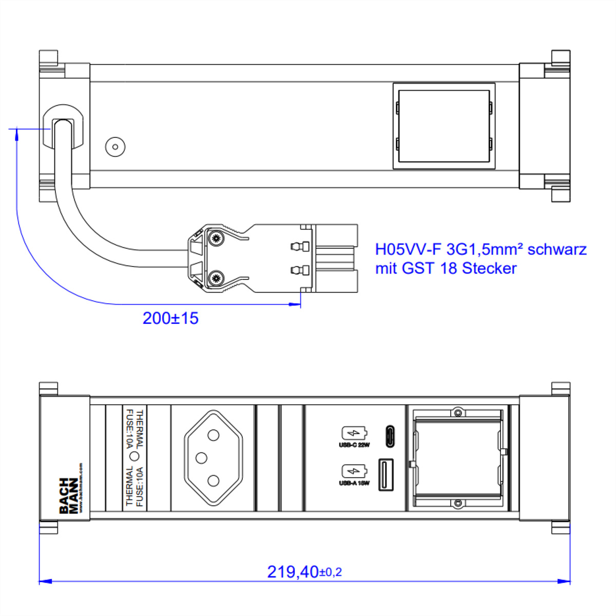 BACHMANN POWER FRAME S 1xCH 1xCM, 1xUSB A&amp,C 22W 0,2m GST18 Schweiz Einbau-Anschlussfelder POWER FRAME