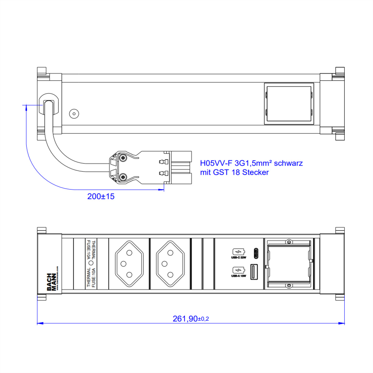 BACHMANN POWER FRAME M 2xCH, 1xUSB A&amp,C 22W 1xCM 0,2m GST18 Schweiz