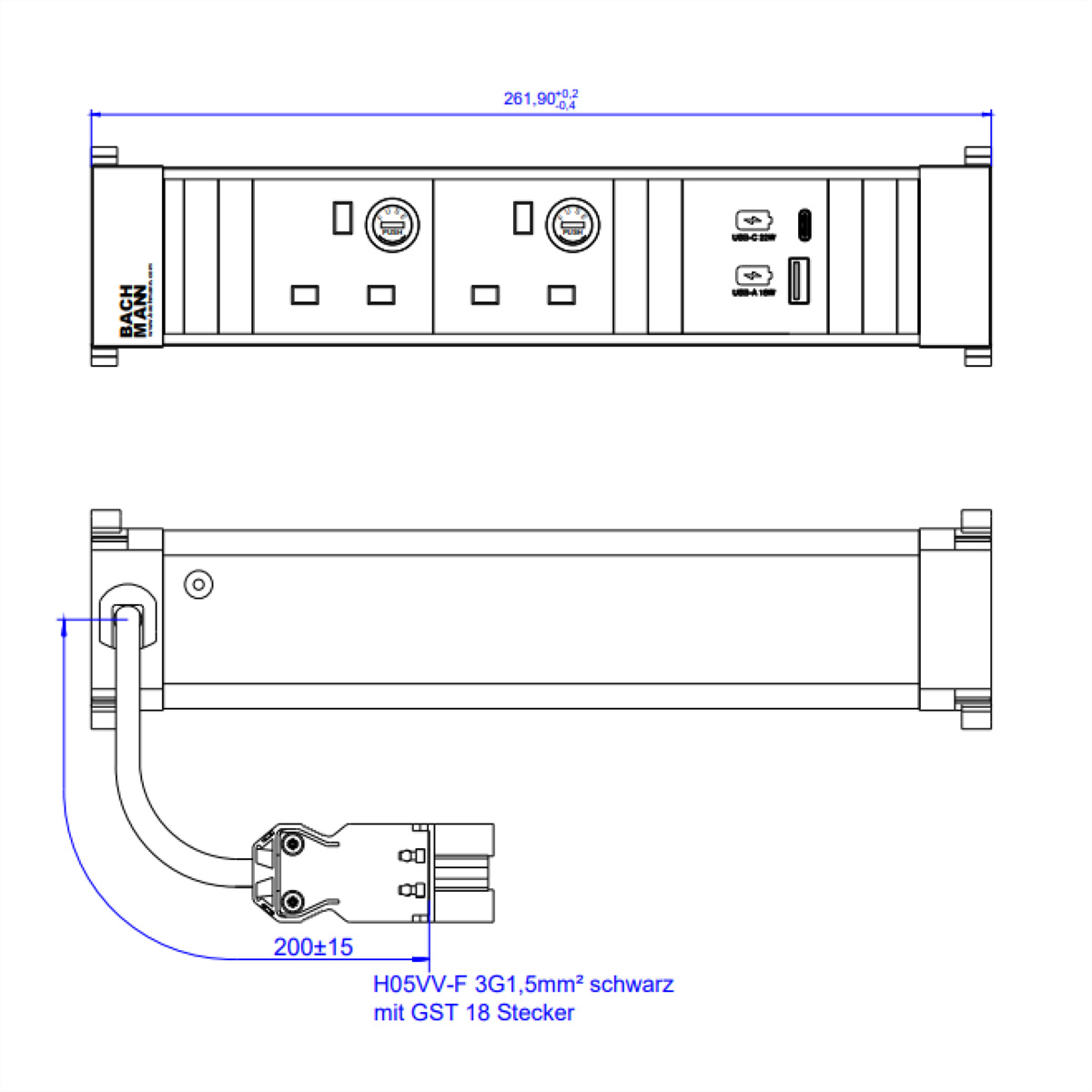 BACHMANN POWER FRAME M 2xUK, 1xUSB A&amp,C22WCharger GST18 United Kingdom Einbau-Anschlussfelder POWER FRAME