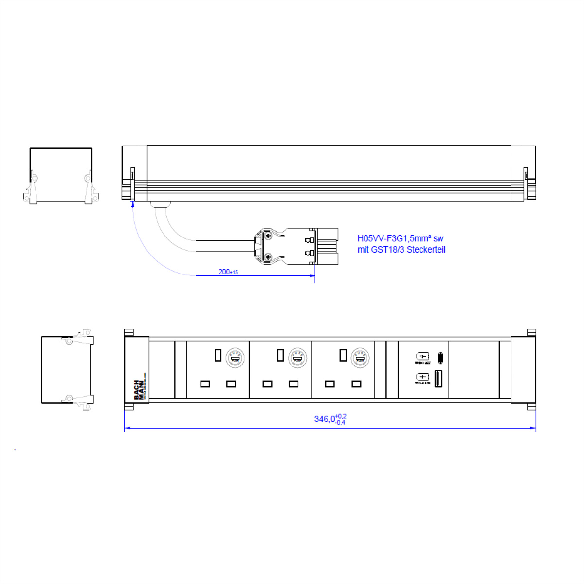 BACHMANN POWER FRAME L 3xUK, 1xUSB A/C 22W 0,2m GST18 United Kingdom Einbau-Anschlussfelder POWER FRAME