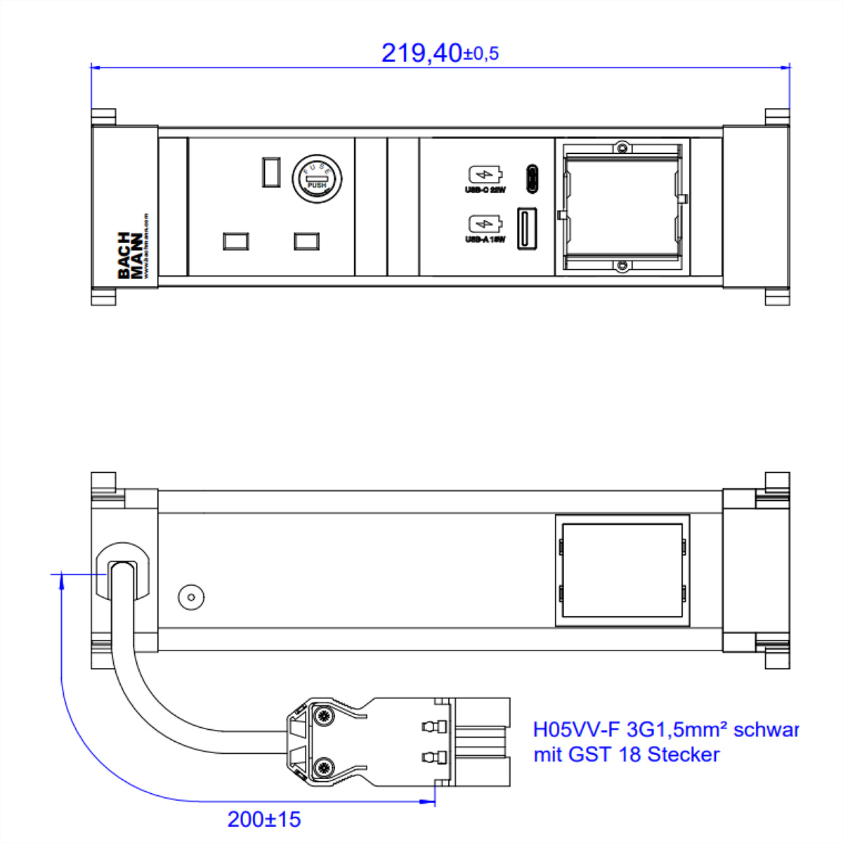 BACHMANN POWER FRAME S 1xUK 1xCM, 1xUSB A&amp,C 22W 0,2m GST18 United Kingdom Einbau-Anschlussfelder POWER FRAME
