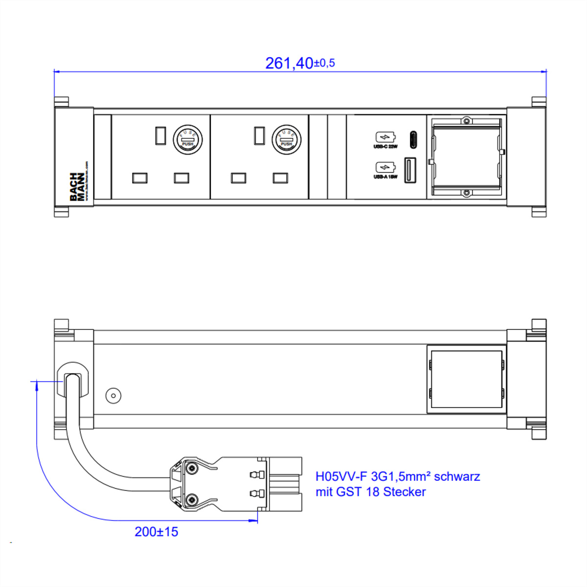 BACHMANN POWER FRAME M 2xUK USB A&amp,C 22W, 1xCM 0,2m GST18 United Kingdom Einbau-Anschlussfelder POWER FRAME