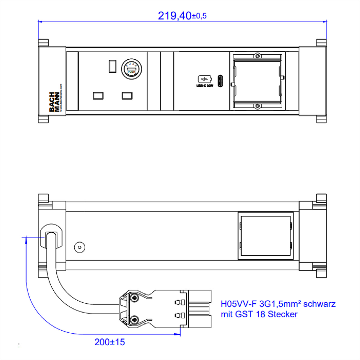 BACHMANN POWER FRAME S 1xUK 1xUSB C 30W, 1xCM 0,2m GST18 United Kingdom Einbau-Anschlussfelder POWER FRAME
