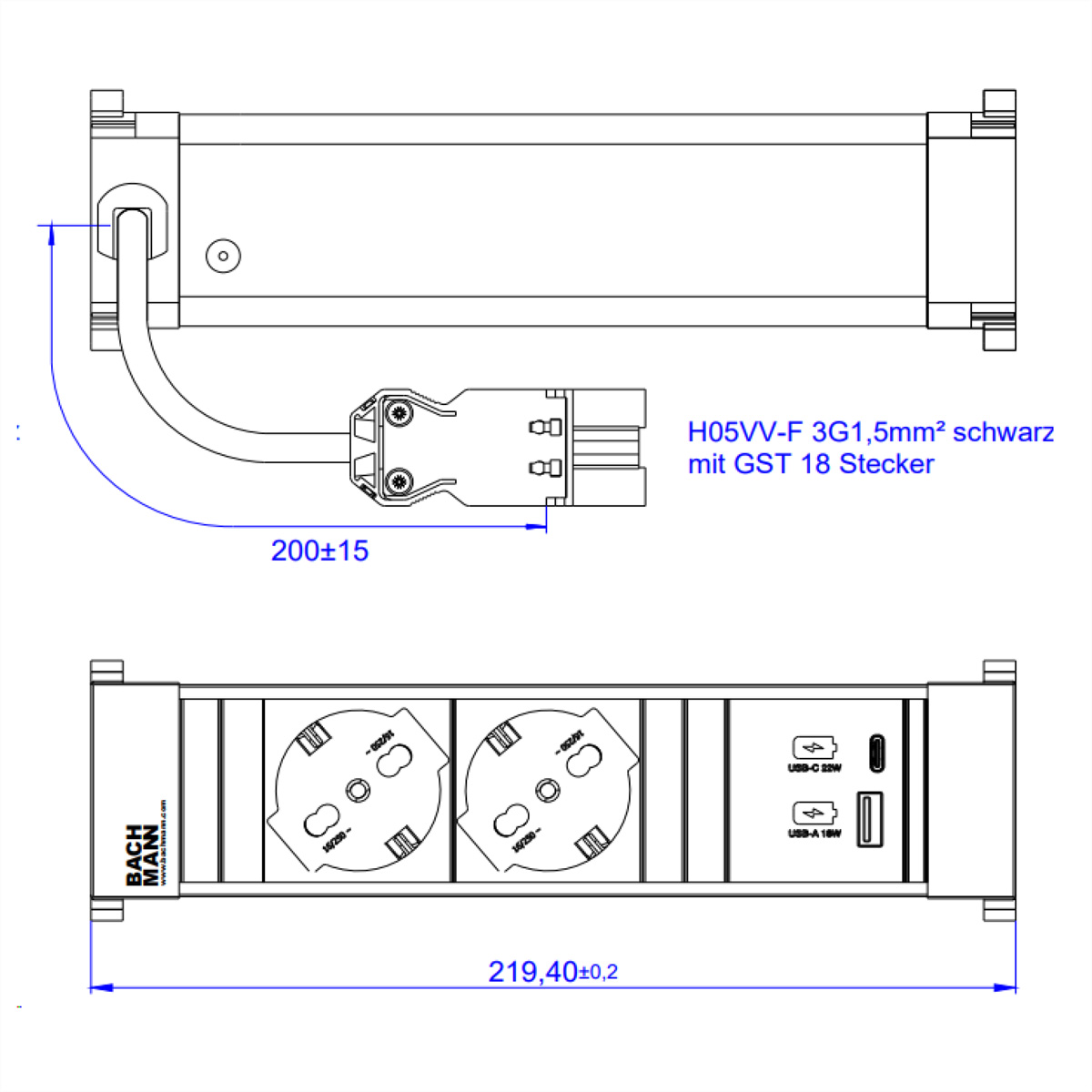 BACHMANN POWER FRAME S 2xP40, 1xUSB A/C 22W 0,2m GST18 Italia Einbau-Anschlussfelder POWER FRAME