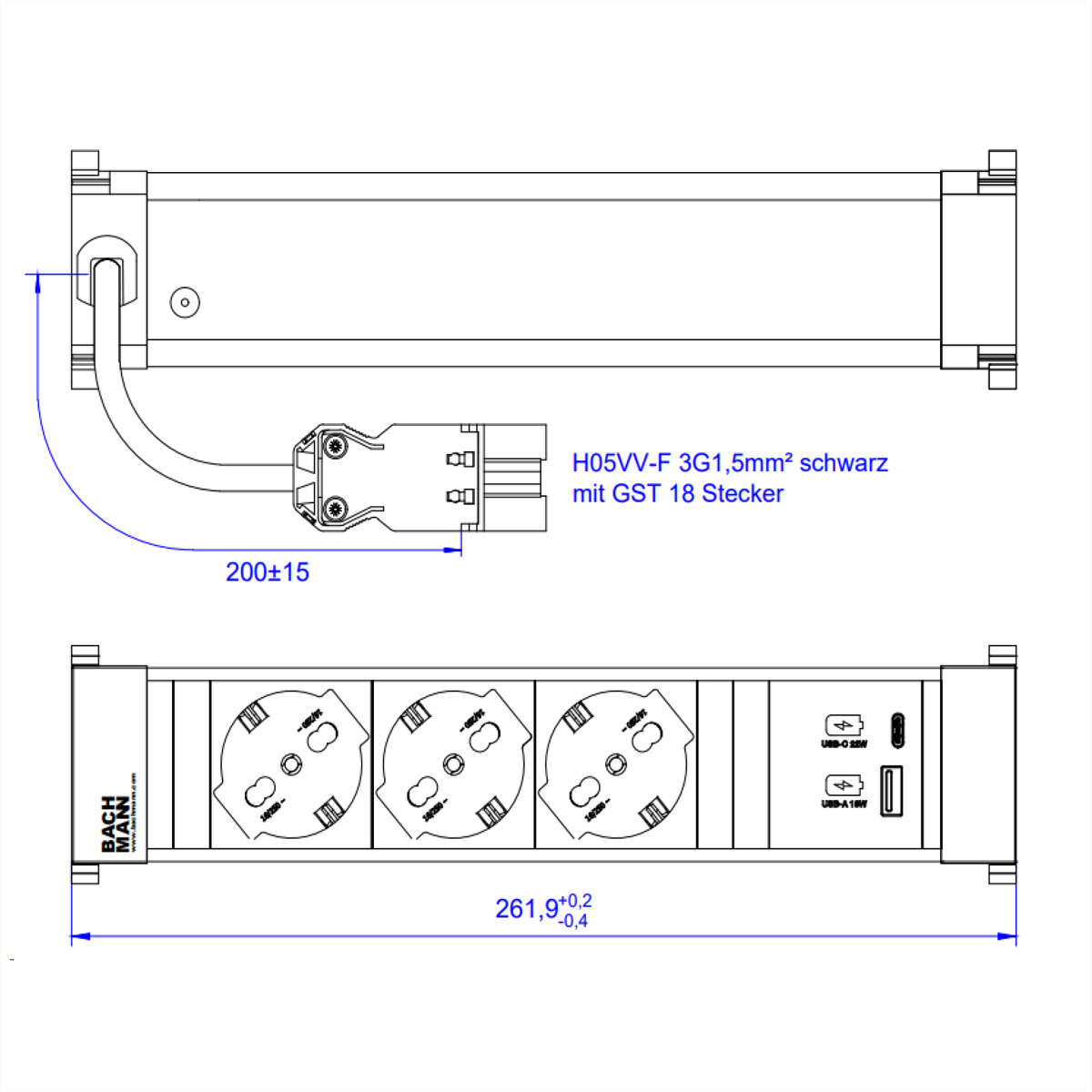 BACHMANN POWER FRAME M 3xP40, 1xUSB A&amp,C 22W 0,2m GST18 Italia Einbau-Anschlussfelder POWER FRAME