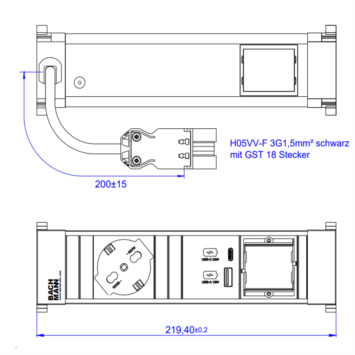 BACHMANN POWER FRAME S 1xP40 USB A&amp,C 22W, 1xCM 0,2m GST18 Italia Einbau-Anschlussfelder POWER FRAME
