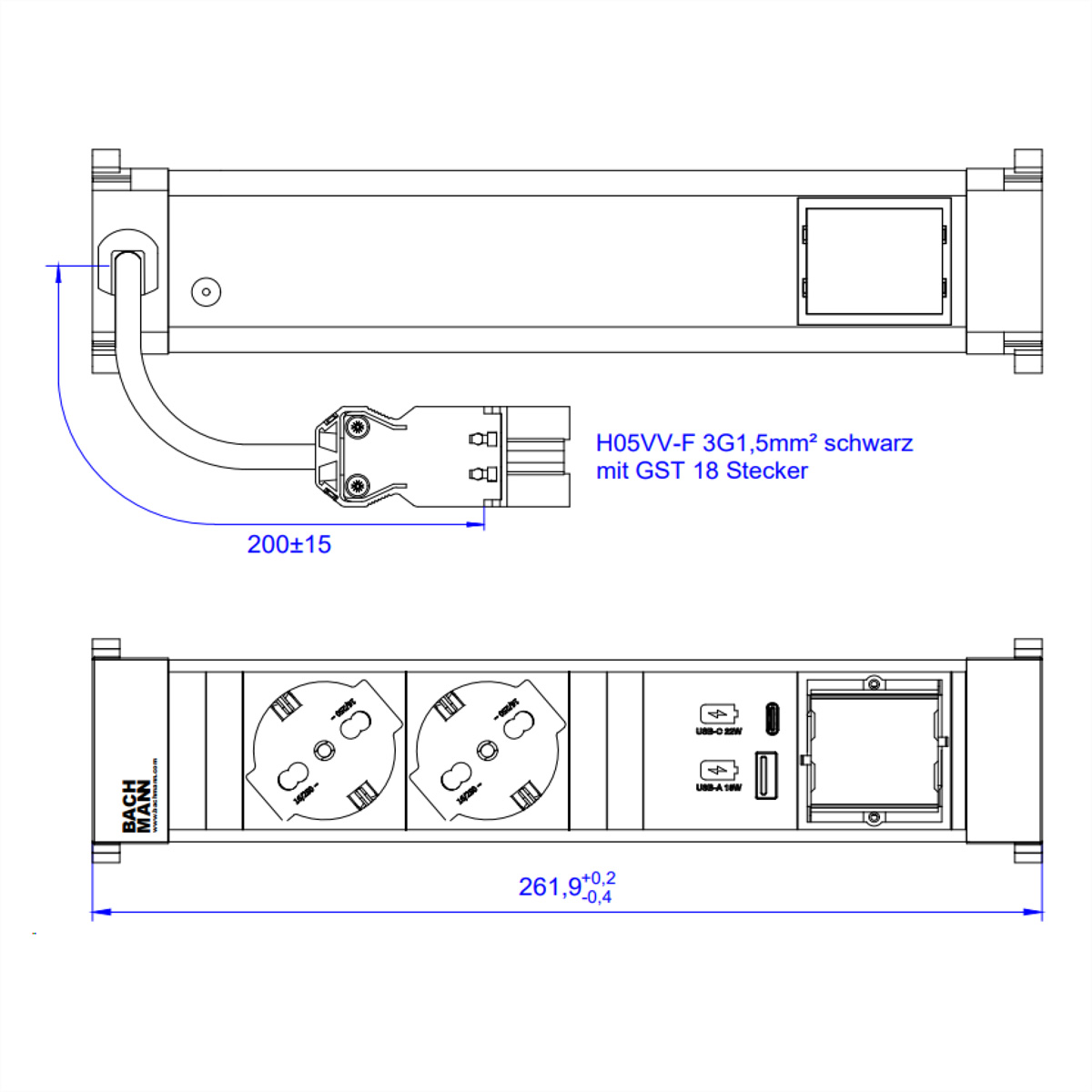 BACHMANN POWER FRAME M 2xP40, 1xUSB A&amp,C 22W 1xCM 0,2m GST18 Italia Einbau-Anschlussfelder POWER FRAME