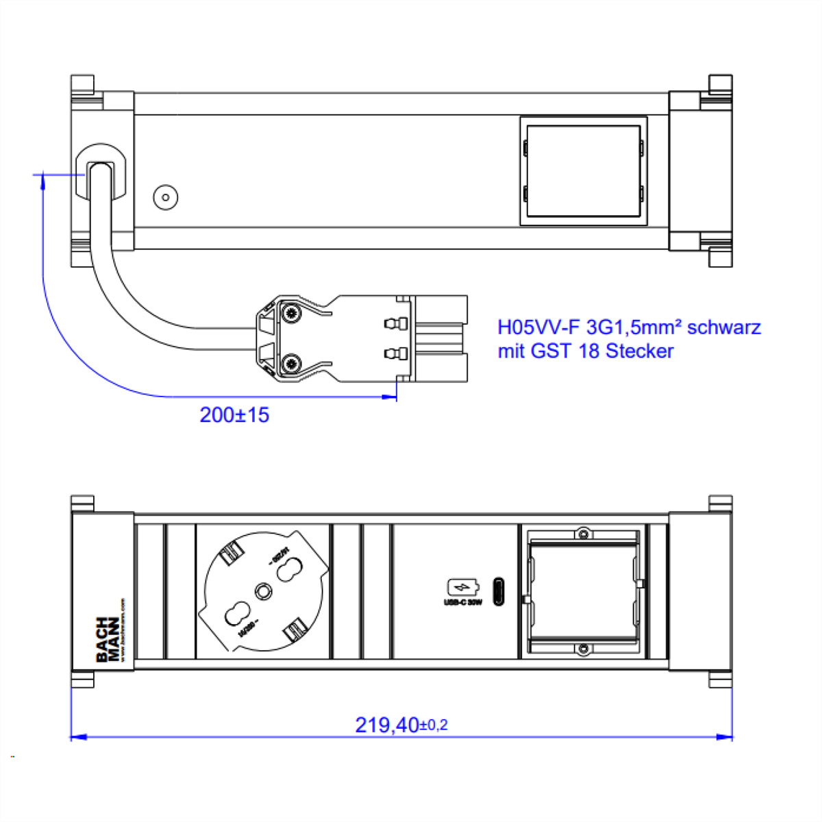 BACHMANN POWER FRAME S 1xP40 1xUSB C 30W, 1xCM 0,2m GST18 Italia Einbau-Anschlussfelder POWER FRAME
