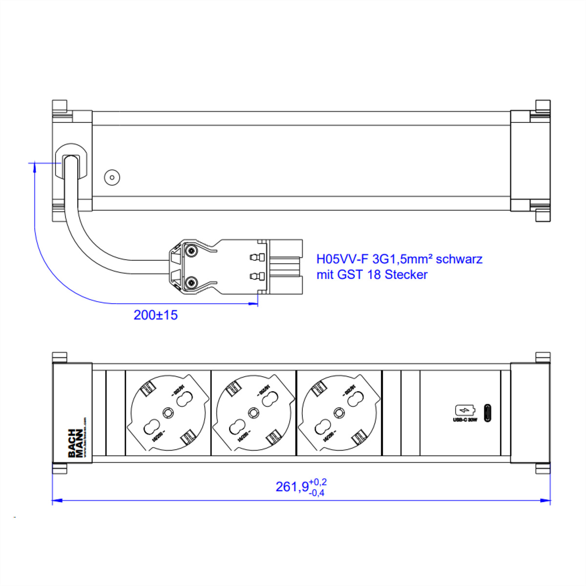 BACHMANN POWER FRAME M 3xP40, 1xUSB C 30W 0,2m GST18 Italia Einbau-Anschlussfelder POWER FRAME