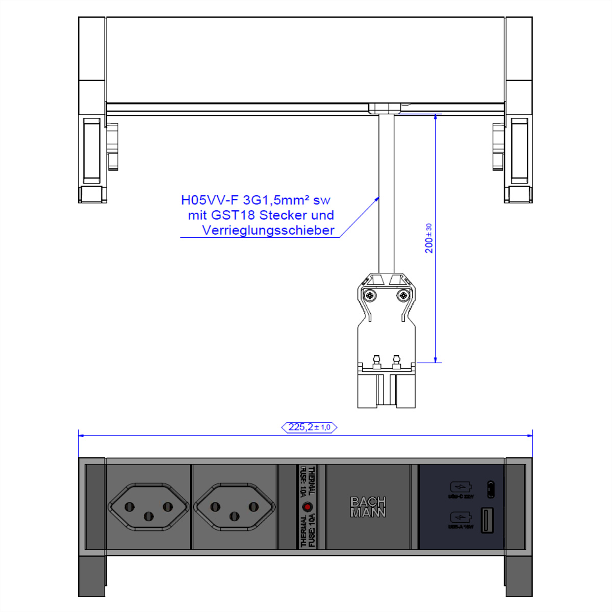 BACHMANN DESK2 ALU BLACK 2xCH T13, 1xUSB A&amp,C 22W 0,2m GST18 Schweiz Aufbau-Anschlussfelder DESK2