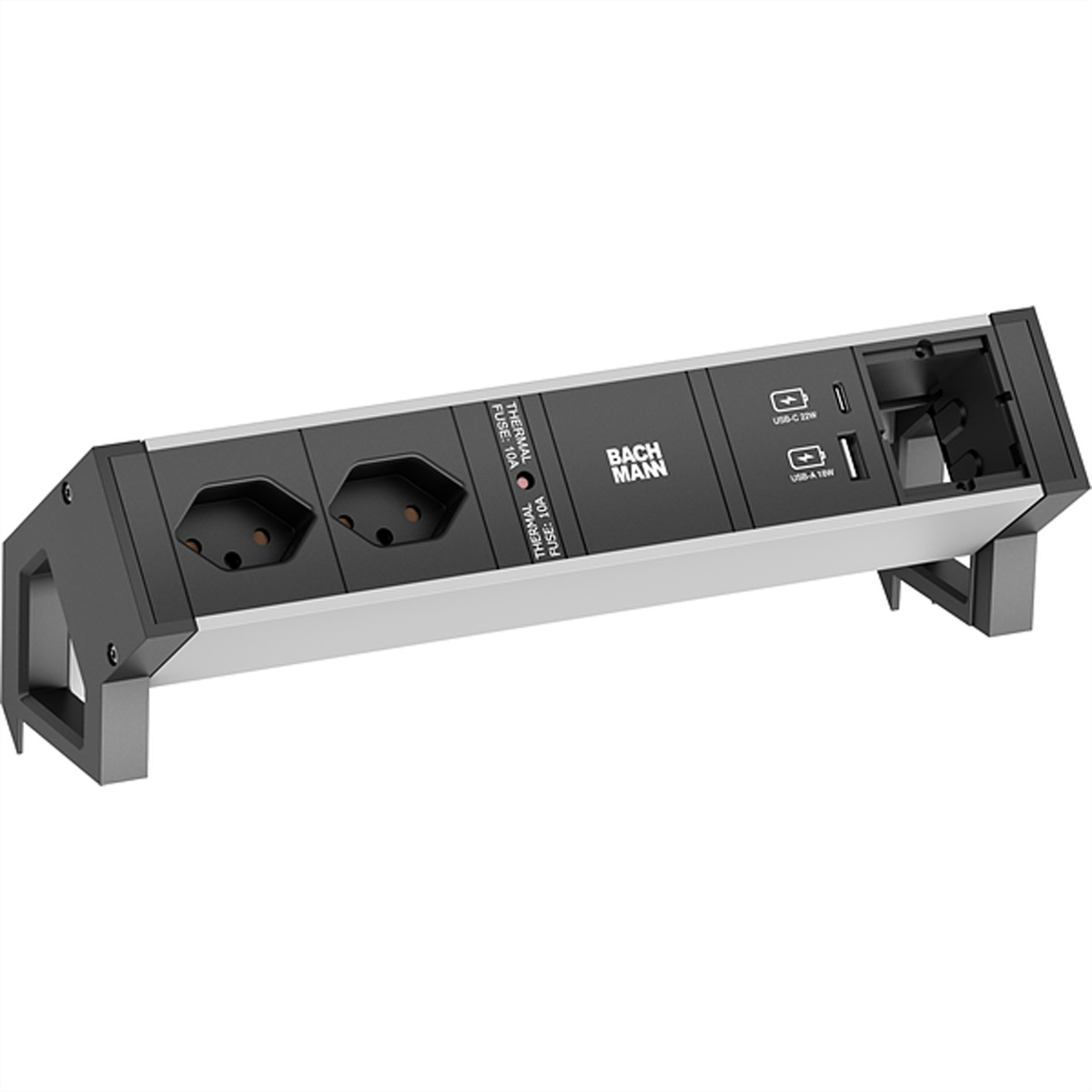 BACHMANN DESK2 ALU BLACK 2xCH T13 1xCM, 1xUSB A&amp,C 22W 0,2m GST18 Schweiz Aufbau-Anschlussfelder DESK2