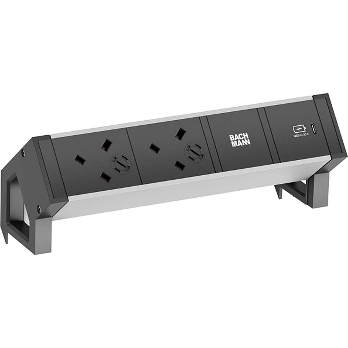 BACHMANN DESK2 ALU BLACK 2xUK, 1xUSBC 30W 0,2m GST18 United Kingdom Aufbau-Anschlussfelder DESK2