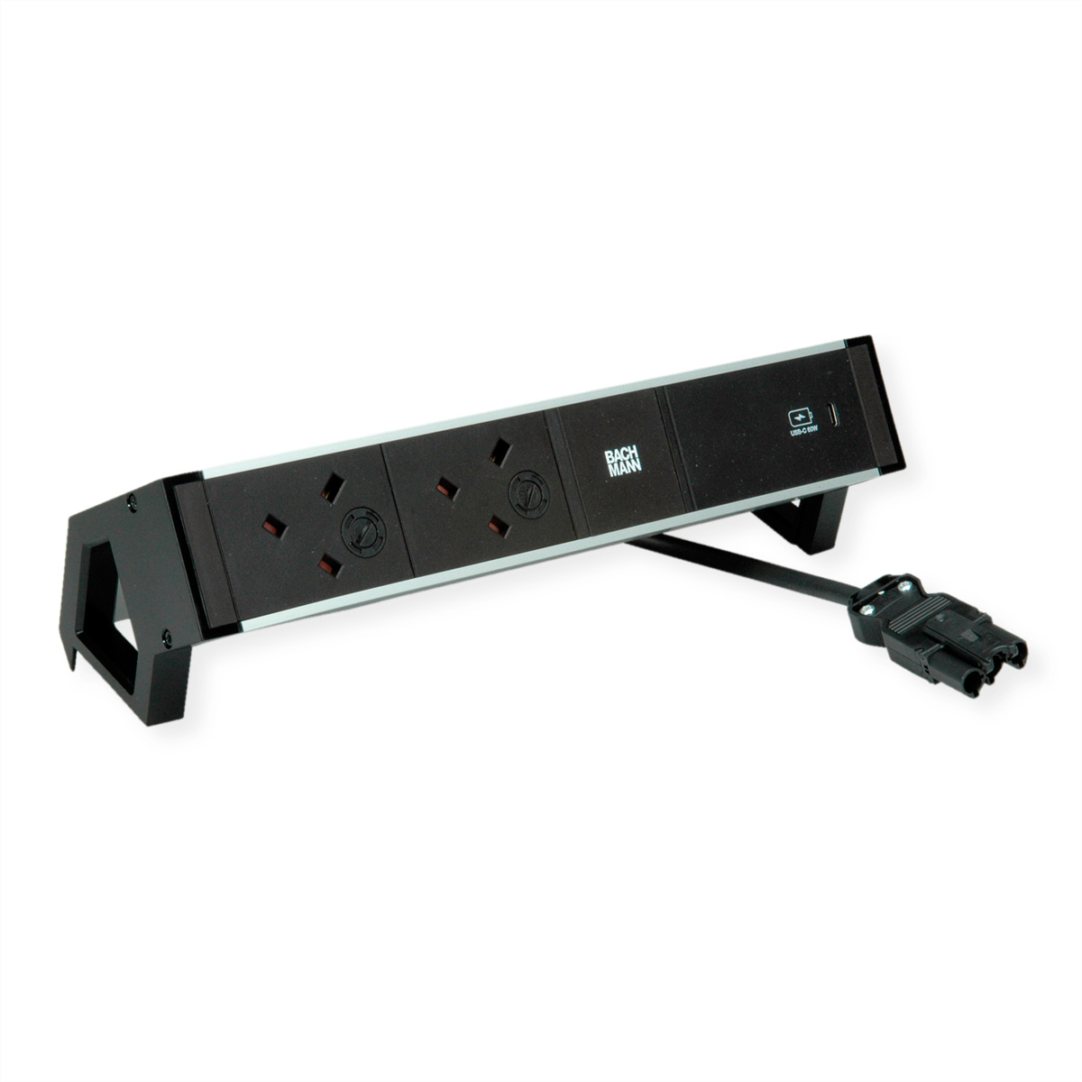 BACHMANN DESK2 ALU BLACK 2xUK, 1xUSBC 60W 0,2m GST18 United Kingdom Aufbau-Anschlussfelder DESK2