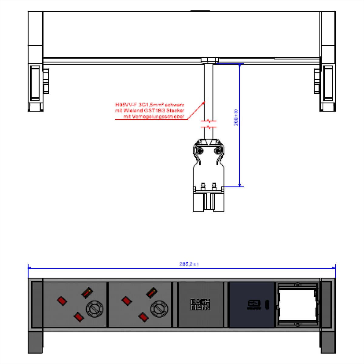 BACHMANN DESK2 ALU BLACK 2xUK 1xCM, 1xUSB C 30W 0,2m GST18 United Kingdom Aufbau-Anschlussfelder DESK2