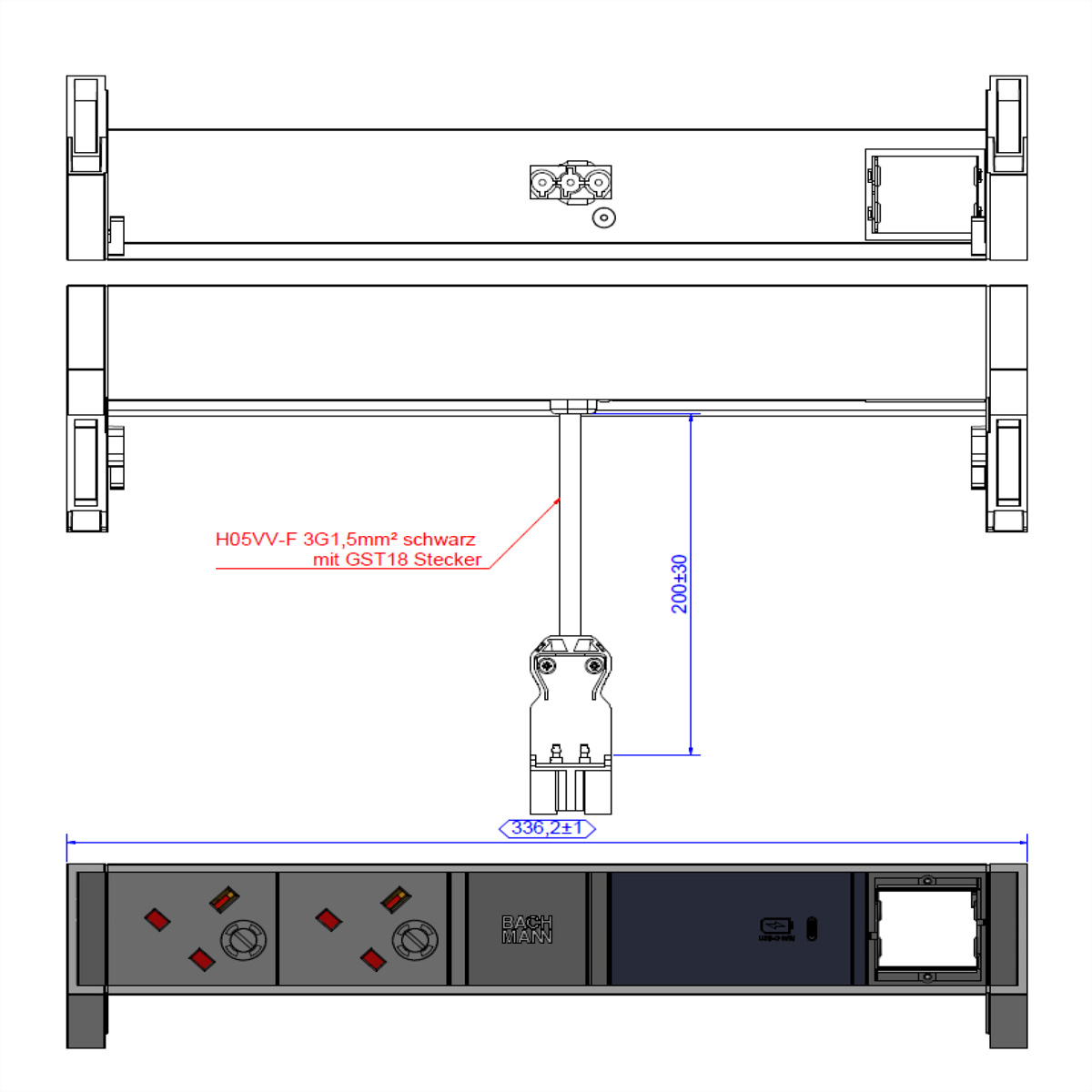 BACHMANN DESK2 ALU BLACK 2xUK 1xCM, 1xUSBC 60W 0,2m GST18 United Kingdom Aufbau-Anschlussfelder DESK2