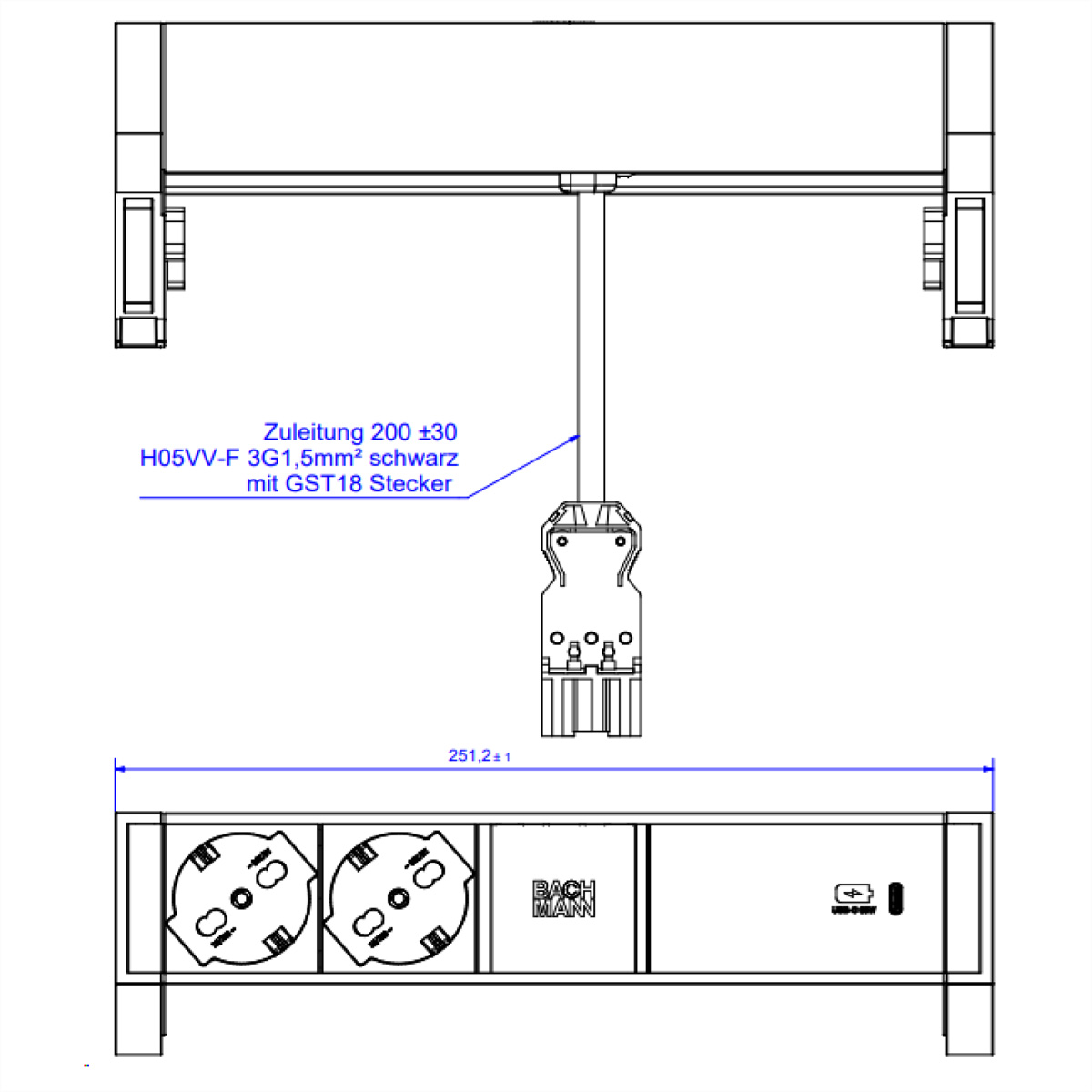 BACHMANN DESK2 ALU BLACK 2xP40, 1xUSBC 60W 0,2m GST18 Italia