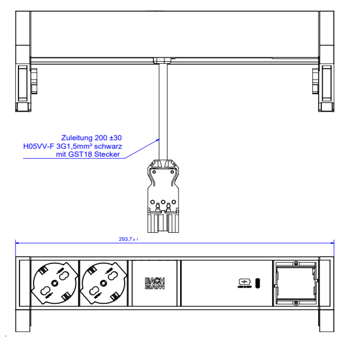 BACHMANN DESK2 ALU BLACK 2xP40 1xCM, 1xUSBC 60W 0,2m GST18 Italia Aufbau-Anschlussfelder DESK2