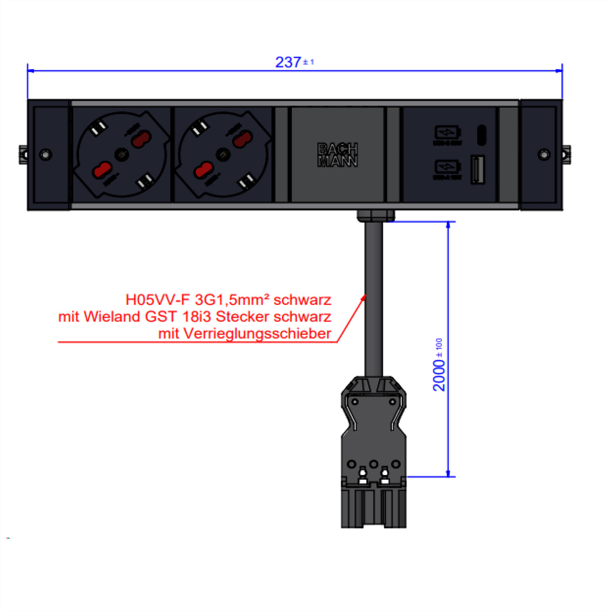 BACHMANN DESK RAIL 2xP40 1xUSB A&amp,C, 2,0m GST18 Italia Aufbau-Anschlussfelder DESK RAIL