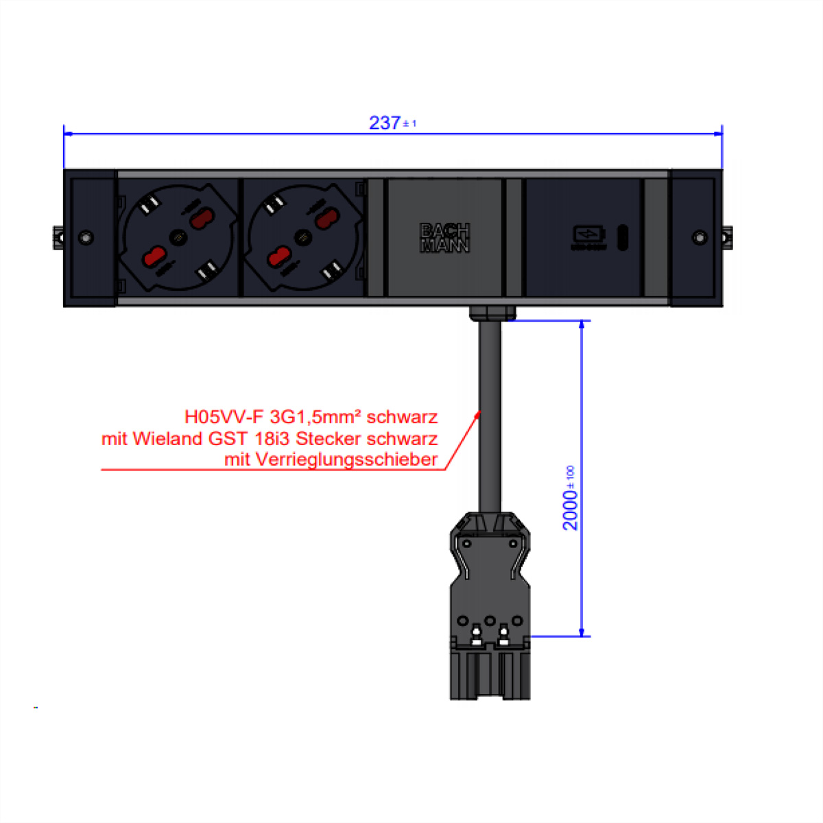 BACHMANN DESK RAIL 2xP40 1xUSB C 30W, 1xUSB A&amp,C Italia Aufbau-Anschlussfelder DESK RAIL