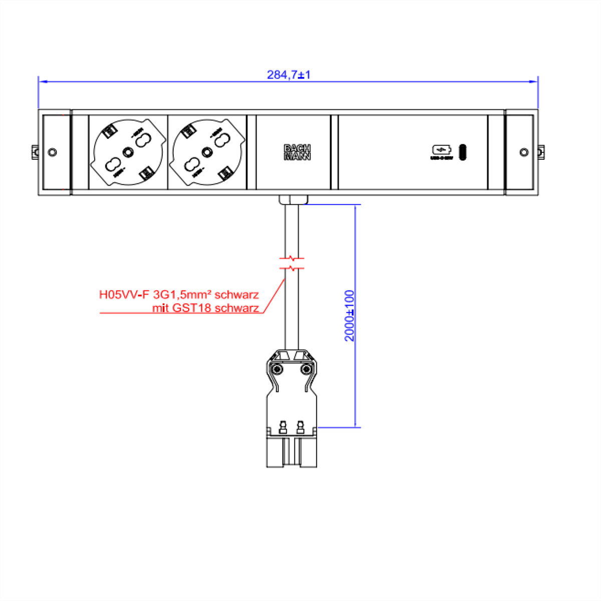 BACHMANN DESK RAIL 2xP40 1xUSB C 60W, 2,0m GST18 Italia Aufbau-Anschlussfelder DESK RAIL