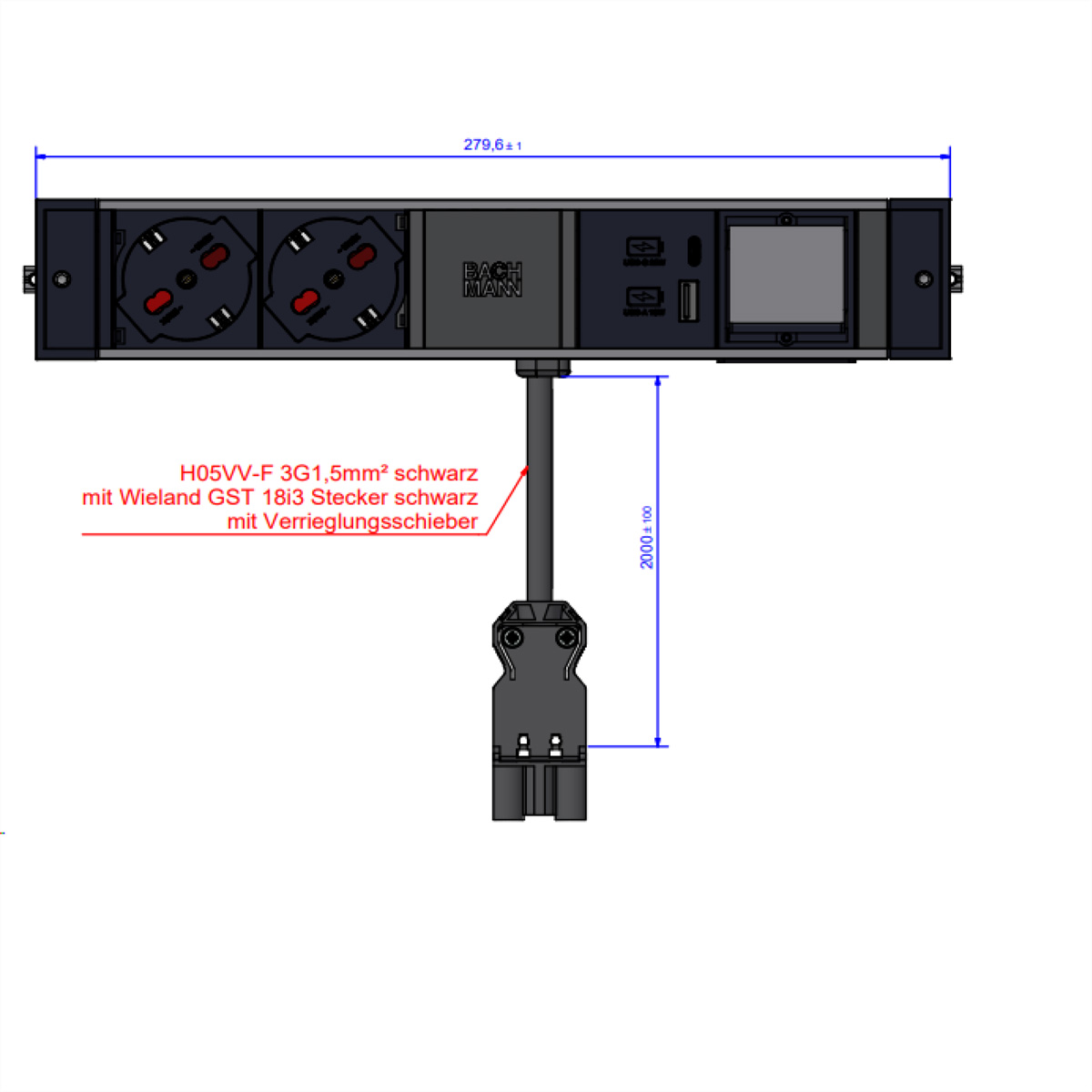 BACHMANN DESK RAIL 2xP40 1xUSB A&amp,C 22W, 1xCM 2,0m GST18 Italia Aufbau-Anschlussfelder DESK RAIL