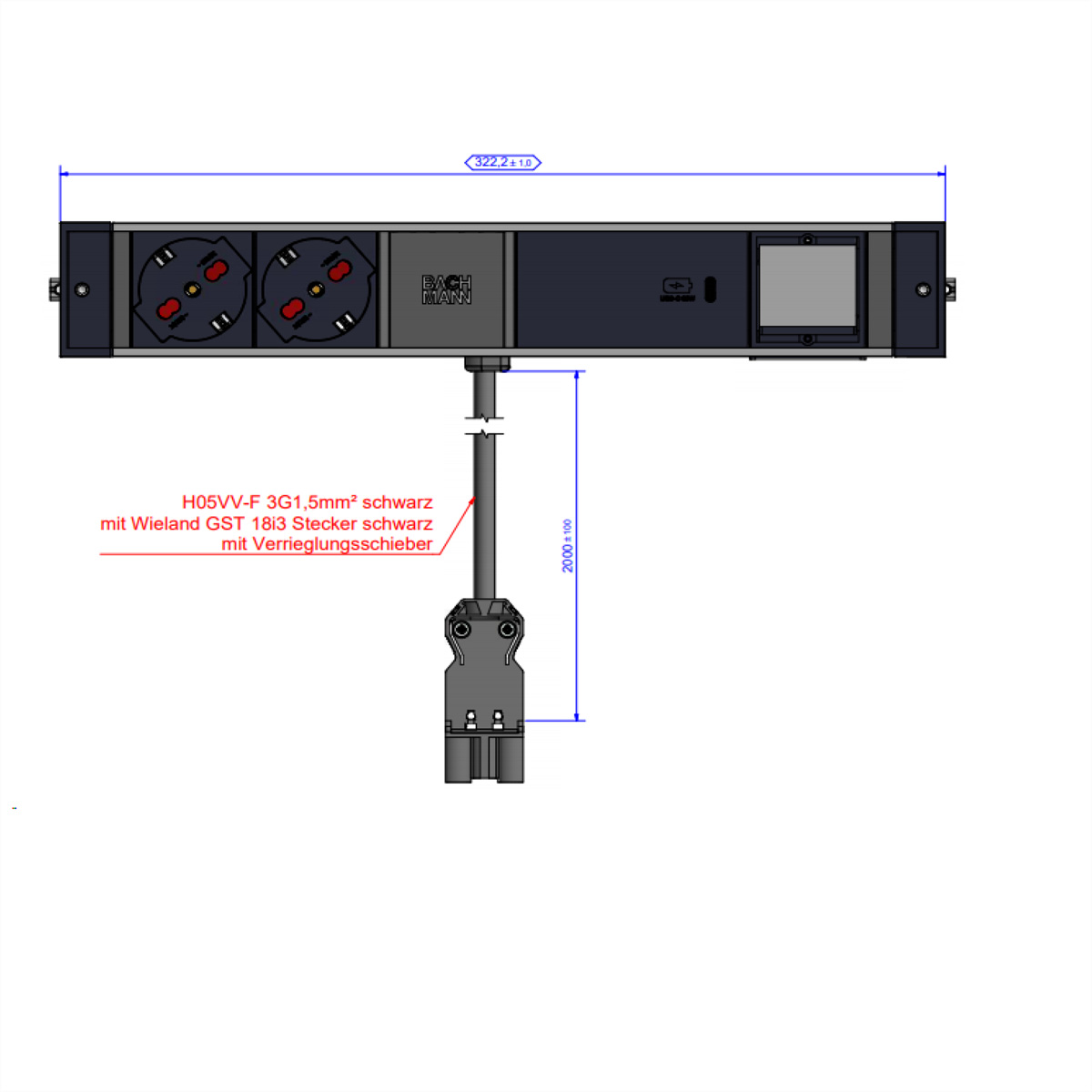BACHMANN DESK RAIL 2xP40 1xUSB C 60W, 1xCM 2,0m GST18 Italia Aufbau-Anschlussfelder DESK RAIL