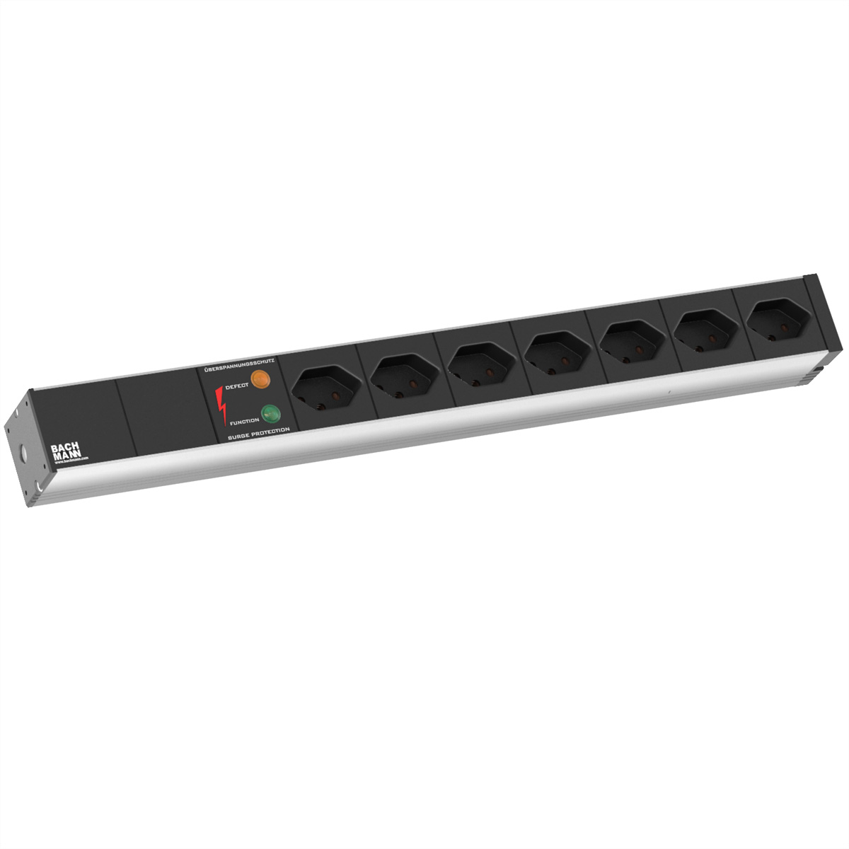 BACHMANN BASIC 19 Zoll 1HE 7xT13 90° SPD, Strom 2,0m CH T12 Schweiz Steckdosenleiste