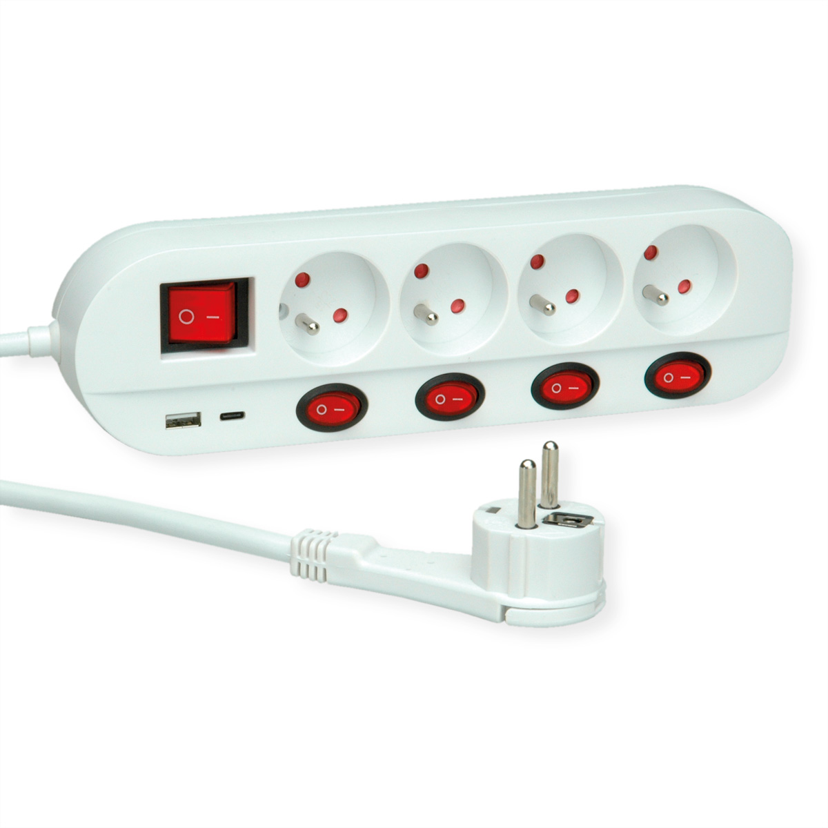 ROLINE 4-fach Steckdosenleiste mit Schalter, UTE Version, USB-Charger A+C, 1,5 m
