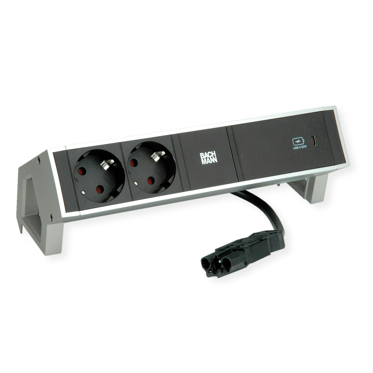 BACHMANN DESK2 2xSchutzkontakt USB C, USB Charger 60W 0,2m GST18 INOX Aufbau-Anschlussfelder DESK2