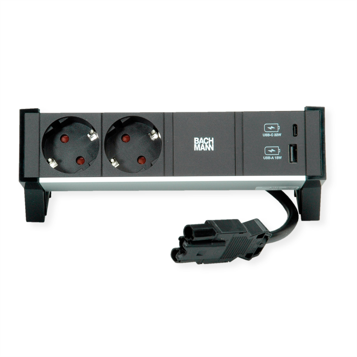BACHMANN DESK2 ALU BLACK 2xSchutzkt.USB, USB Charger 22W A&,C 0,2m GST18