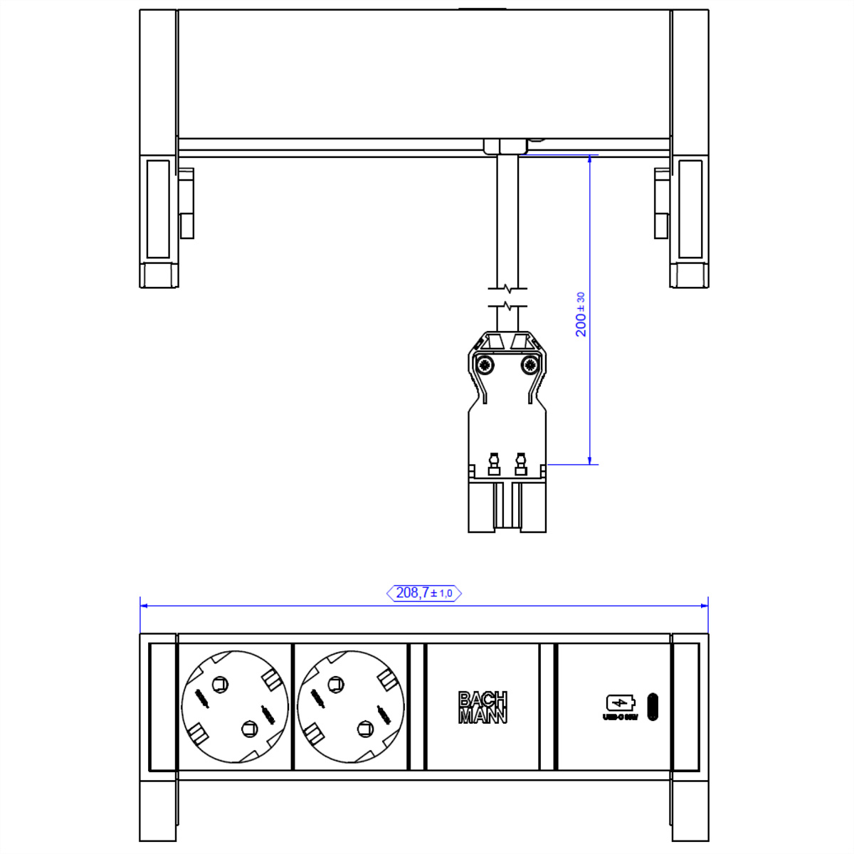 BACHMANN DESK2 ALU BLACK 2xSchutzkt.USBC, USB Charger 30W 0,2m GST18