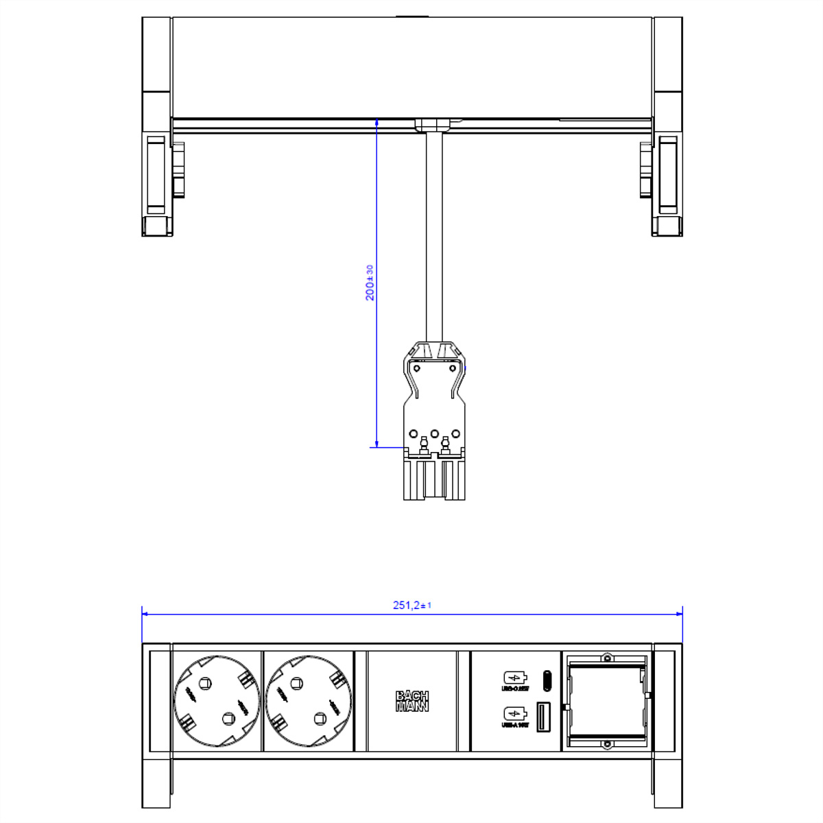 BACHMANN DESK2 ALU BLACK 2xSchutzkt.USB, USB Charger 22W A&,C 1xABD 0,2m GST18