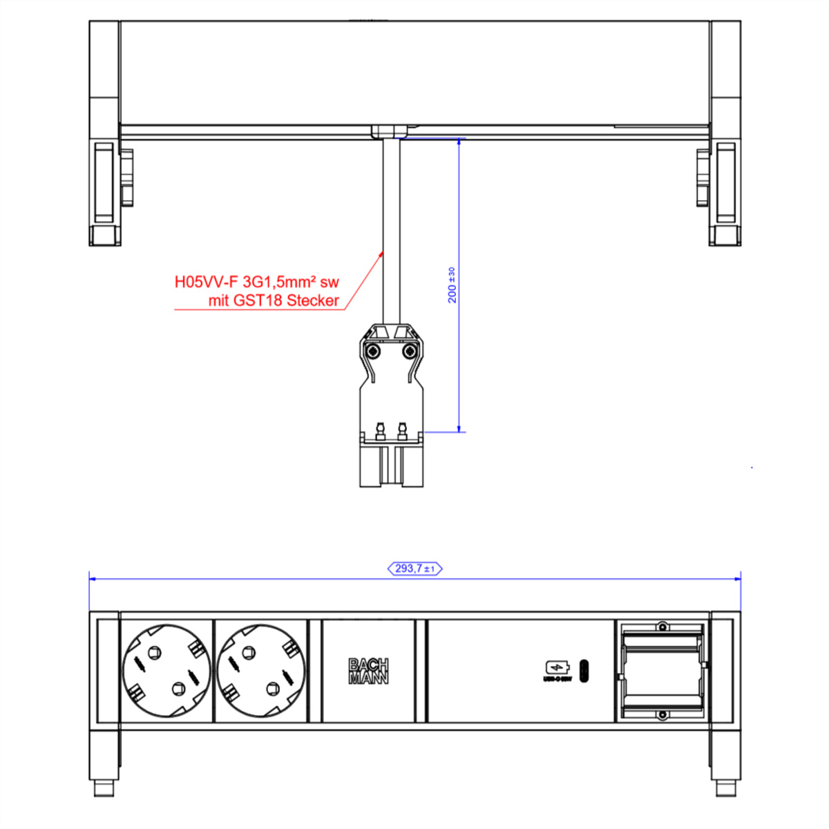 BACHMANN DESK2 ALU BLACK 2xSchutzkt.USBC, USB Charger 60W 1xABD 0,2m GST18