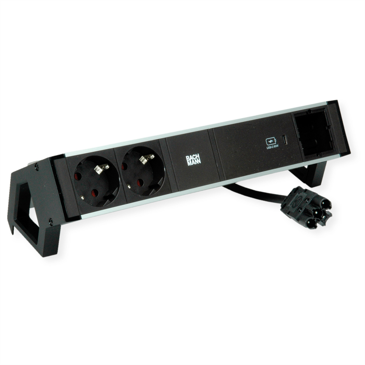 BACHMANN DESK2 ALU BLACK 2xSchutzkt.USBC, USB Charger 60W 1xABD 0,2m GST18
