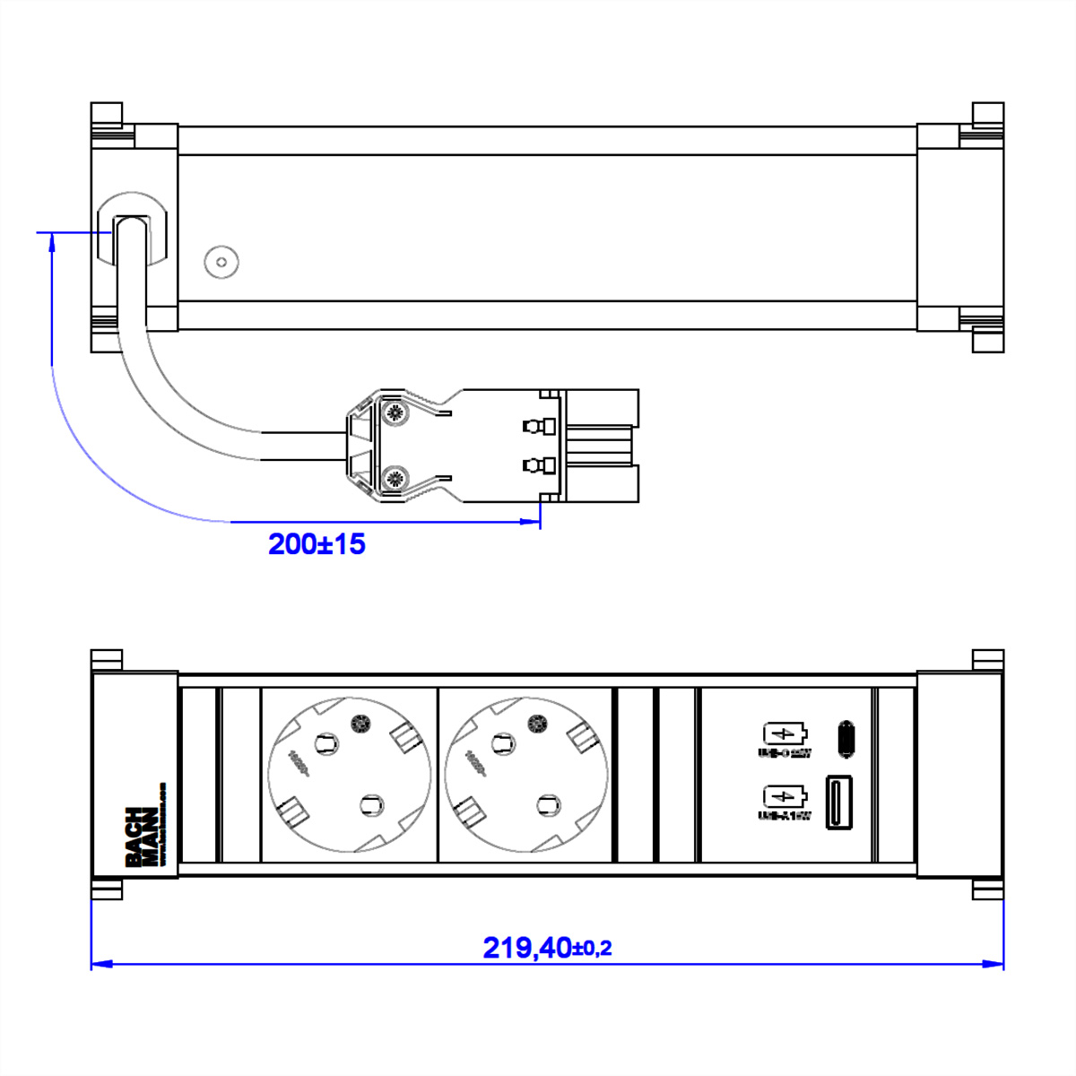 BACHMANN POWER FRAME 2xSchutzkt. USB A&,C, USB Charger 22W 0,2m GST18