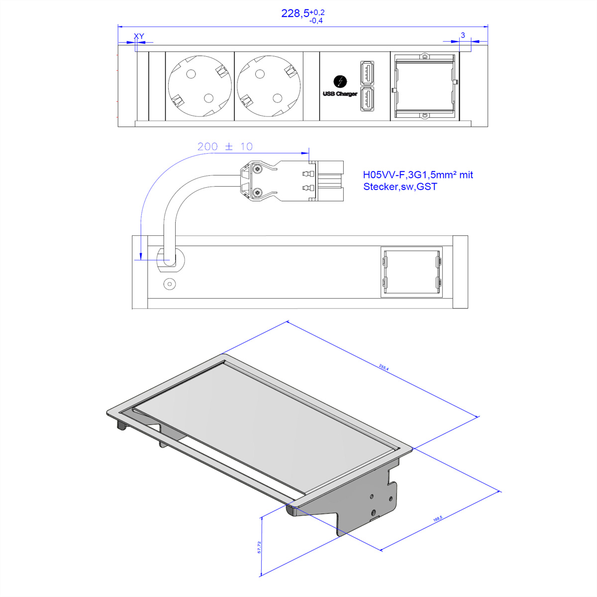 BACHMANN CONEO SET 2x Schutzkontakt, 1x ABD, 1xUSB Charger, silberfarben