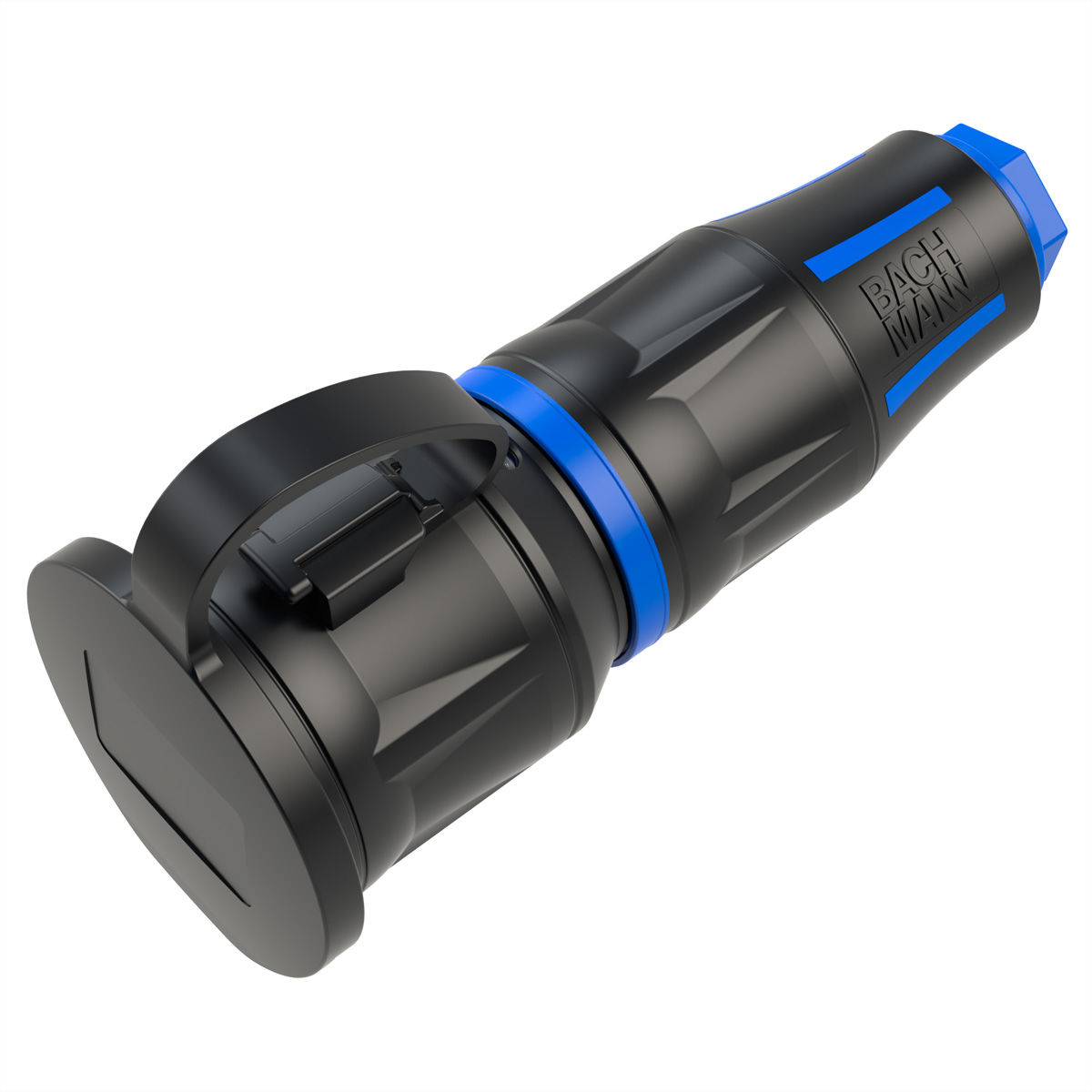 BACHMANN Profi-Schutzkontaktkupplung CEE7/3, mit Deckelband, LED, gummiert, schwarz-blau