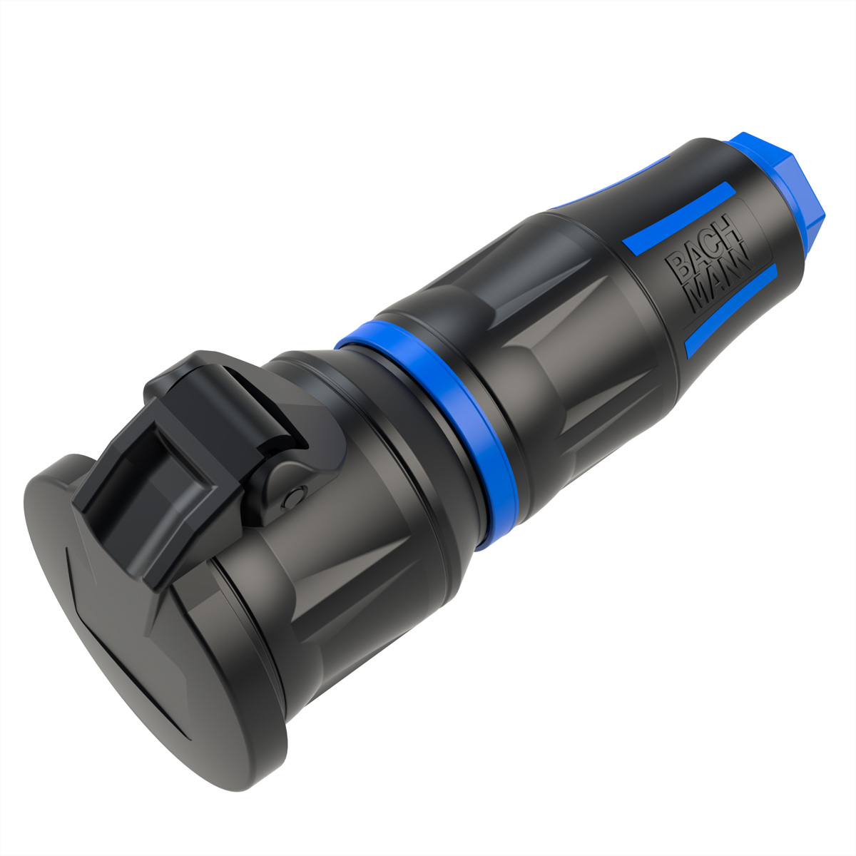 BACHMANN Profi-Schutzkontaktkupplung CEE7/3, mit Klappdeckel, LED, gummiert, schwarz-blau
