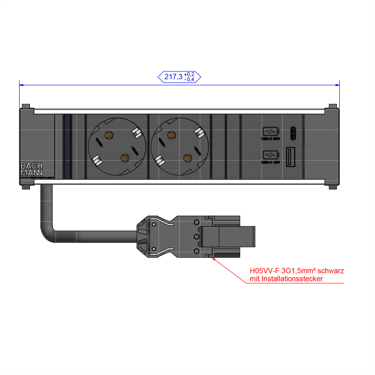 BACHMANN CONI 2x Schutzkontakt 1xUSB A/C 22W, schwarz, 912.233 (BILD2)