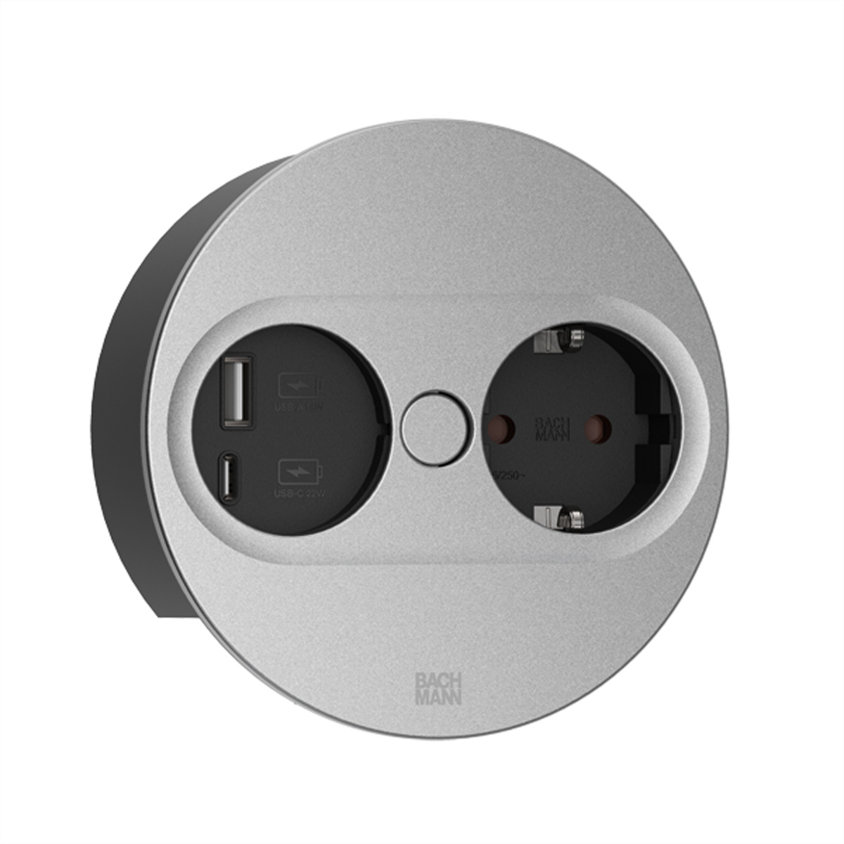 BACHMANN TWIST 2 1xCEE7/3 1xUSB A/C 22W 0,2m GST18 silber rund Einbau-Anschlussfelder TWIST