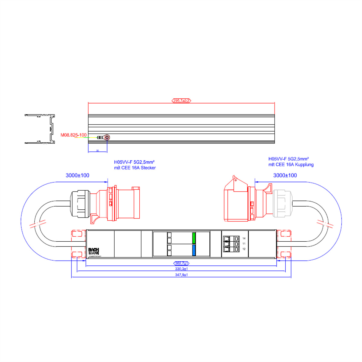 BACHMANN ALU 1HE VM 1x SPD 3-phasig, 1x ÜS 3x 16A 2x 1m H05VV-F 5G2,5mm CEE 16A